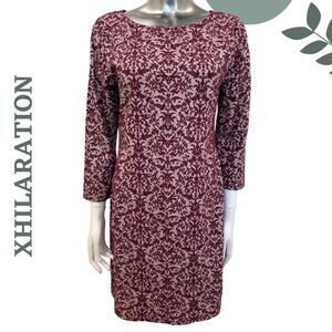 Xhilaration Burgundy Jacquard Knit Dress | 3/4 Sleeve Damask Print | Size Large